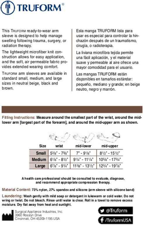 Truform Lymphedema Compression Arm Sleeve – 20-30 mmHg Post Mastectomy Support, Dot Top Grip, Beige, Large
