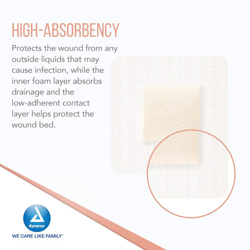 Dynarex Dynafoam Waterproof Bordered Adhesive Foam Wound Dressing Bandage, 10 Count, 4" x 4"