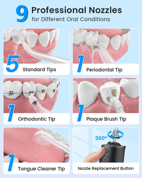Cordless Water Flosser, Portable 300ML Dental Flosser with 9 Jet Tips, 5 Modes, IPX7 Waterproof - Black