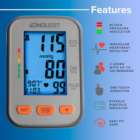 Konquest KBP-2704A Automatic Blood Pressure Monitor - Large Adjustable Cuff, Backlit Display, Irregular Heartbeat
