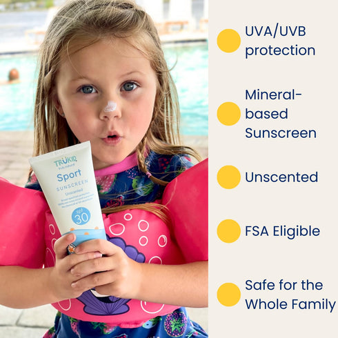 TruKid Sport Sunscreen SPF 30 - Kids & Baby Sunscreen for Face & Body, Reef Safe Sunscreen, Water Resistant, Sunblock Protection for Sensitive Skin, Unscented 3.4oz