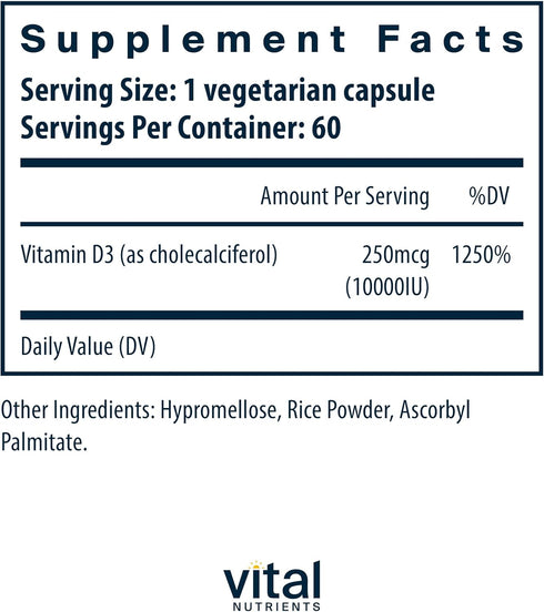 Vital Nutrients Vitamin D 10000 IU | Vitamin D3 Supplement | Healthy Bones, Teeth, Muscles*| Cellular & Immune Function | Calcium Absorption | Gluten, Dairy and Soy Free | 60 Capsules