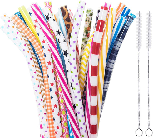 50 Pack Bent Reusable Straws, BPA-Free, 9" Colorful Hard Plastic Stripe Drinking Straw with Cleaning Brush