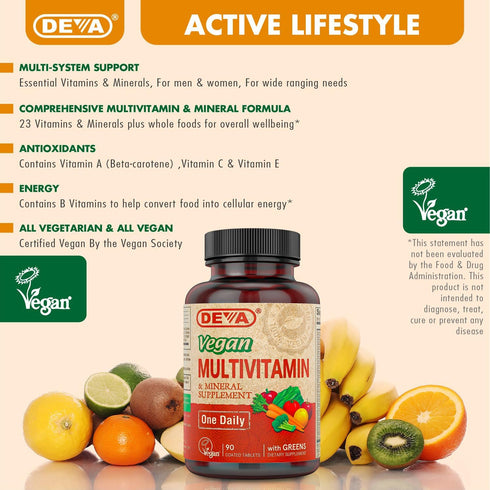 DEVA Vegan Multivitamin & Mineral Supplement | 90 Count | High Potency Vegan Formula with Green Whole Foods, Veggies,