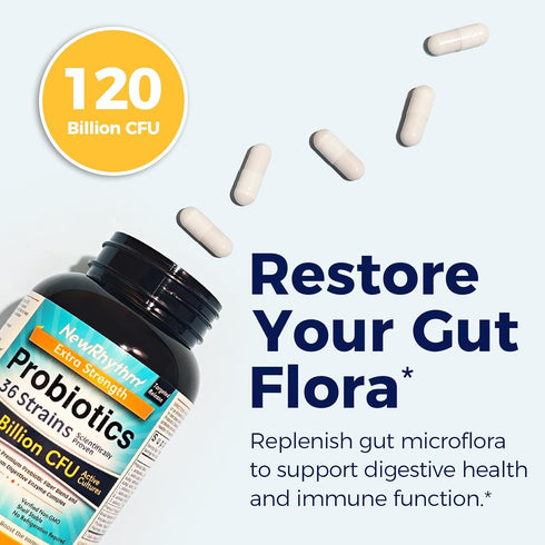 NewRhythm Probiotics 120 Billion CFU, 3-in-1 Digestive Health Supplement with Prebiotics & Enzymes, 30ct