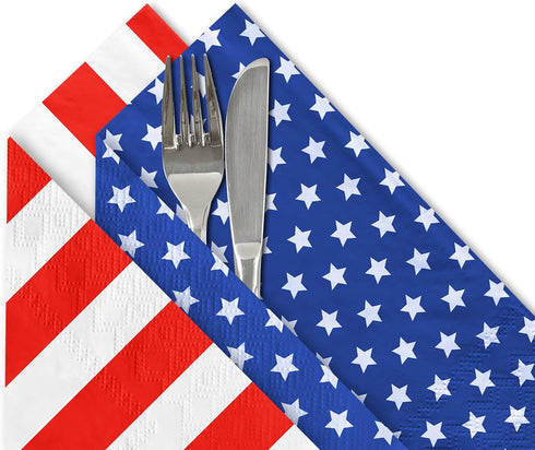Gatherfun American Flag Patriotic Party Supplies - Disposable Paper Napkins for Veterans Day, 40 Pack of Stars + Stripes