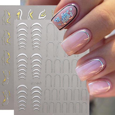 Gold Nail Art Stickers, Metallic Line Nail Decals for Luxury French Tip Manicure, 3D Self-Adhesive Supplies, 8 Sheets