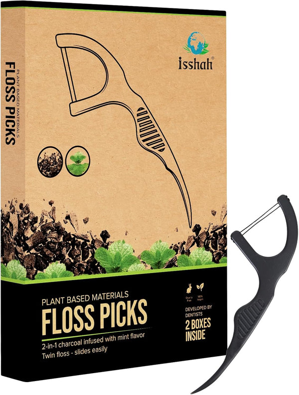 Natural Dental Floss Picks, 100 Count, Vegan, Eco-Friendly, Sustainable Twin Flossers with Charcoal for Oral Care