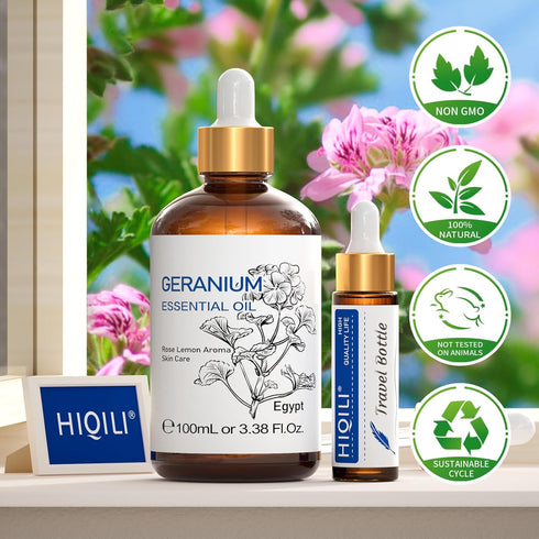 HIQILI 100ML Geranium Essential Oil - 100% Pure and Natural for Skin, Diffuser & Candle - 3.38 Fl. Oz