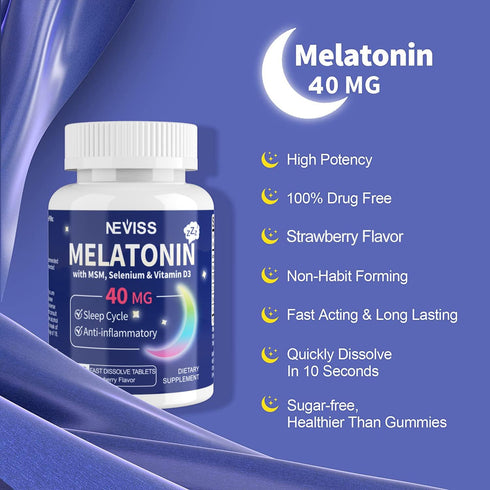 Melatonin 40 mg for Adults - Fast Dissolve & Chewable Sublingual Sleep Supplement with Vitamin D3 & MSM, 180 Servings