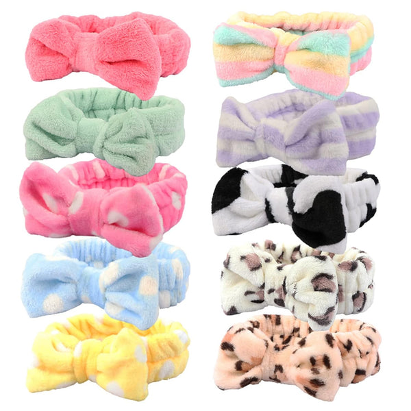 Spa Headband - Bow Makeup Headband Soft Coral Fleece for Women Girls, Cute Elastic Hair Band, Pack of 10