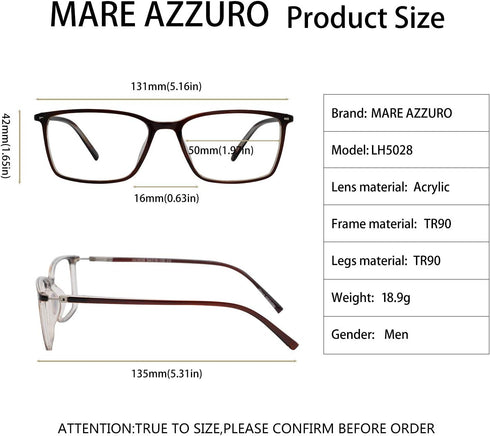 MARE AZZURO Flexible Reading Glasses - 6.00 Strength Stylish Rectangular Reader Glasses