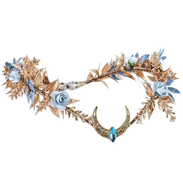 MOSTORY Gold Flower Moon Crown - Handmade Fairy Floral Headpiece Woodland Headband for Renaissance Wedding