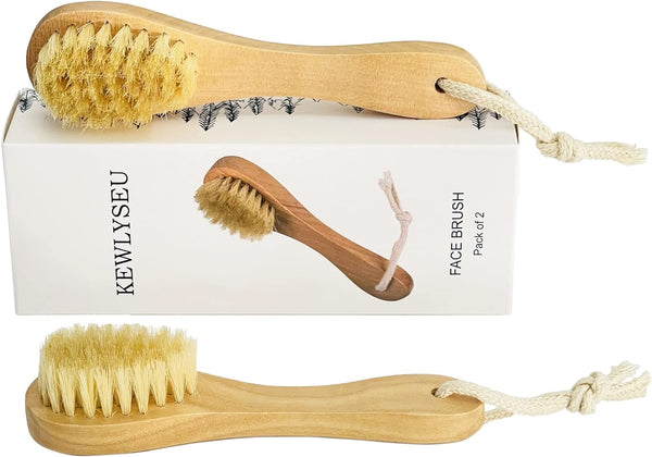 Natural Bristles Wooden Face Cleaning Brush, Wood Handle Facial Cleanser, Exfoliating Skin Care Pack of 2