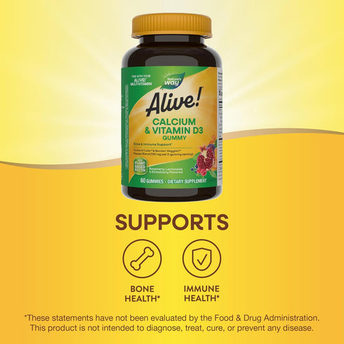 Gummies D3, 60 Gummies Natures Way Alive! Chewable Calcium with Vitamin Daily Supplement Supports Healthy Bones
