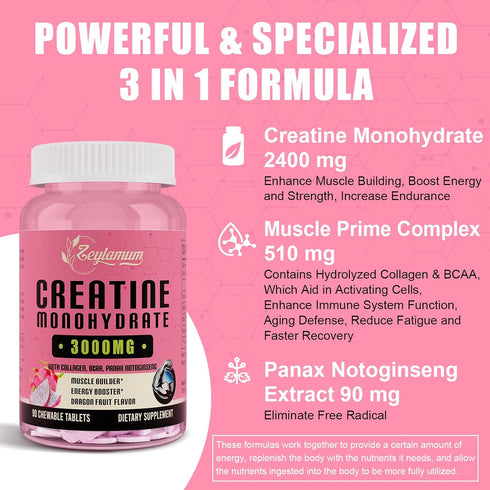 Creatine Monohydrate for Women, 3000 MG Creatine Supplement with Hydrolyzed Collagen, BCAA for Muscle Builder &