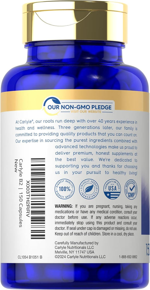Carlyle Vitamin B-2, Riboflavin, 200mg, 150 Count, Vegetarian, Non-GMO & Gluten Free Essential Supplement