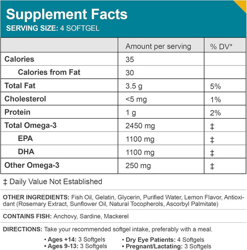 Macuhealth Omega 3 Fish Oil - 1100mg DHA, 1100mg EPA, Eye & Brain Health Supplement, 120 Softgels