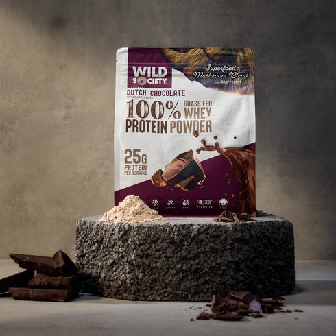 WILD SOCIETY Premium 100% Grass Fed Whey Protein Powder + Superfood Mushrooms & Adaptogens, 25g Protein, Clean Protein