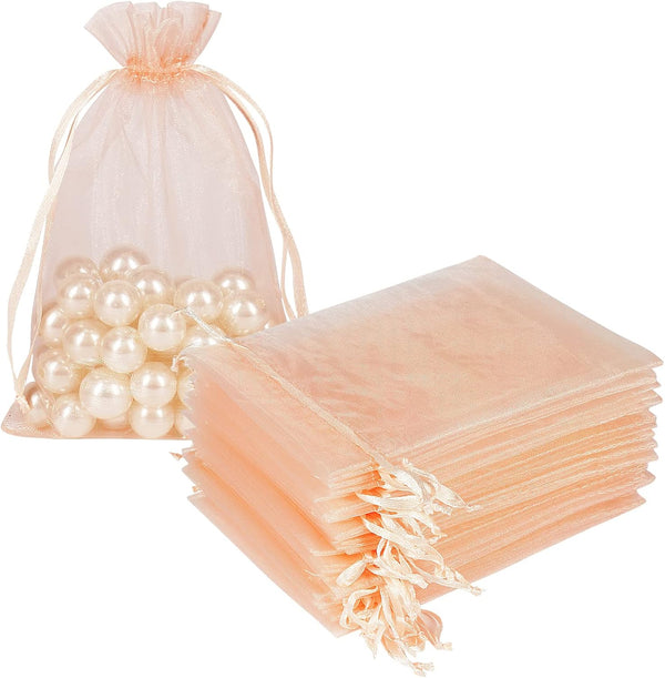 HRX Package 100pcs Blush Peach Organza Bags, 4 x 6 inch Mesh Drawstring Jewelry Pouches for Wedding Party Favor