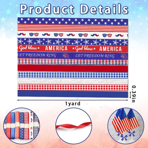 Hying 12 PCS 4th of July Patriotic Ribbons, 3/8" Width Patriotic Grosgrain Ribbons American Stars Craft Ribbon Red Blue Buffalo Plaid Ribbons for Gift Wrapping Memorial Day Decoration Supplies by Hying