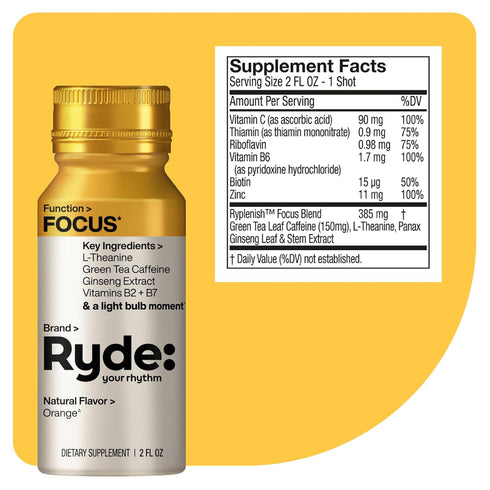 RYDE: Focus Shot, Orange Flavor, L-Theanine & Ginseng, Caffeine, 0 Calories, 0 Sugar, 2 FL OZ Shots, 8 Pack