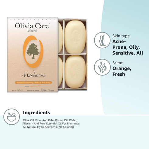 Olivia Care Bath & Body Bar Mandarin Soap 4 Pack Gift Box, Organic, Vegan & Natural, Made in USA