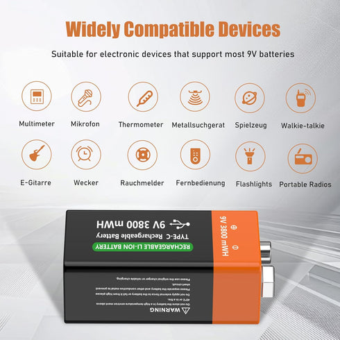 YISHDA 9V 9 6F22 2Pack USB Rechargeable Batteries Lithium Volt Battery for Smoke Detector Square Battery, Long-Lasting