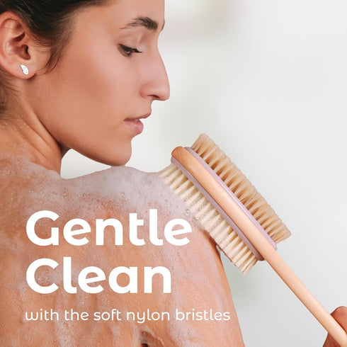 MainBasics Back Scrubber for Shower, Long Handle Dual-Sided Brush for Body Wash & Scrubbing, Lavender, Wood