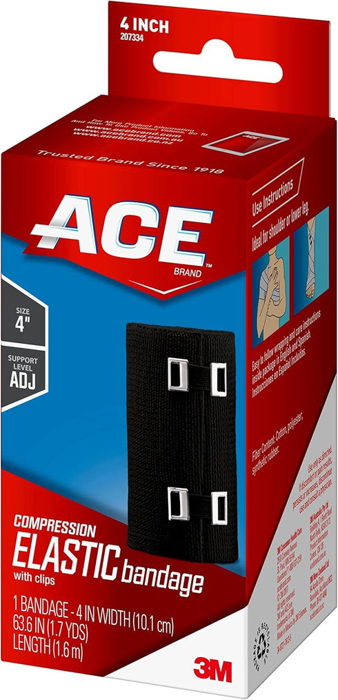ACE 4 Inch Elastic Bandage with Clips, Black, Great for Leg, Shoulder and More, 1 Count