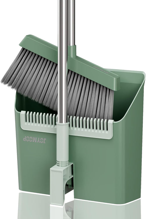 JOYMOOP Dark Teal Green Broom and Dustpan Set, Upright Angle with Built-in