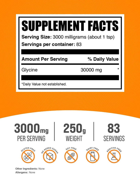 BulkSupplements.com Glycine Powder - 3000mg Glycine Amino Acid Supplement, Pure & Gluten Free - 250g (8.8 oz)