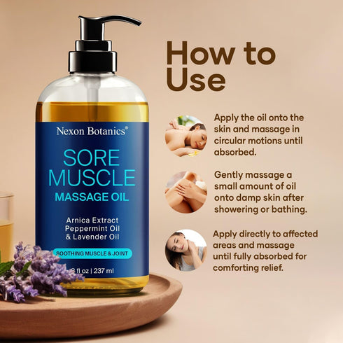 Sore Muscle Massage Oil 8 fl oz - Body Massage Oil with Peppermint, Lavender, Arnica for Pain Relief and Relaxation