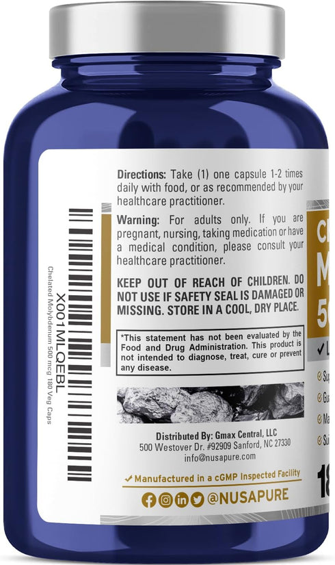 NusaPure Chelated Molybdenum, 500 mcg, 180 Vegetarian Caps, Vegan, Non-GMO