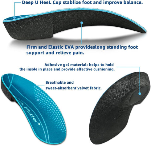 3/4 Orthotic Insoles, Shoe Inserts for Plantar Fasciitis Relief, High Arch Support for Flat Feet, Heel Pain (Small)