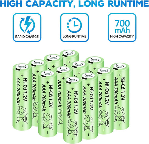 12PCS 1.2V 700mAh Ni-Cd AAA Rechargeable Batteries for Garden Lights, Outdoor Solar Lights, Toys
