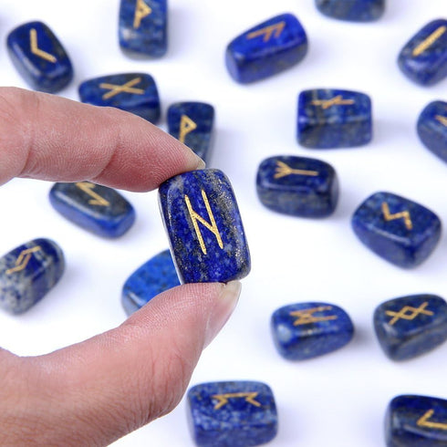 TGS Gems RN001 Lapis Lazuli Rune Stones Set, Engraved Pagan Lettering with Instruction Booklet
