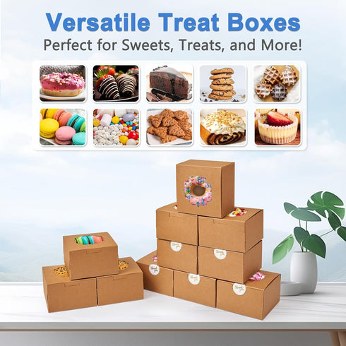 Shallive 4-Inch Small Cookie Boxes, 100 Pcs Brown Bakery Treat Boxes with Window for Gifting, To-go Containers