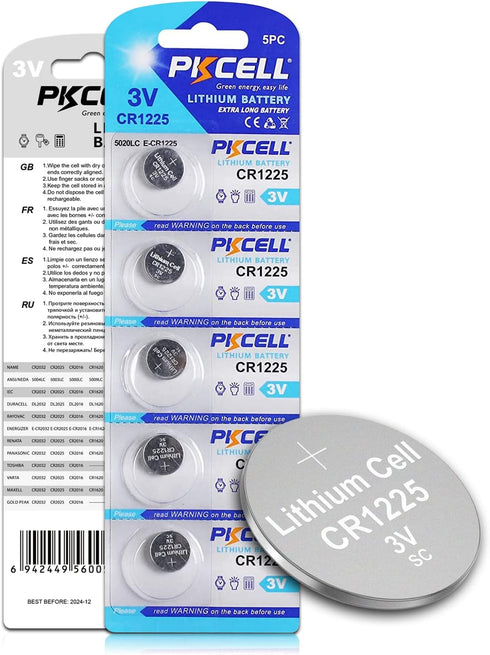 PKCELL CR1225 3V Lithium Button Battery for Thermometer (5 Counts)