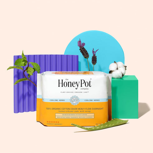 The Honey Pot Company Herbal Pads for Women - Heavy Flow Overnight Pads with Wings, Organic Cotton Cover (16 ct)