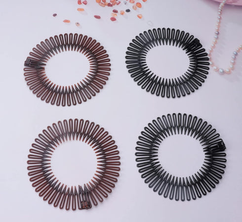 Sowaka 4 Pcs Circular Stretch Comb Plastic Black Brown Circle Spring Headband Flexible Hair Wrap Holder Hair Comb for Women Girls Outgoing Sports Hair Accessories (Round-black and brown)
