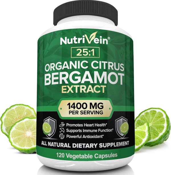 Nutrivein Organic Citrus Bergamot 25:1, 1400 mg, 120 Capsules, Heart Health in Men and Women, 60 Day Supply