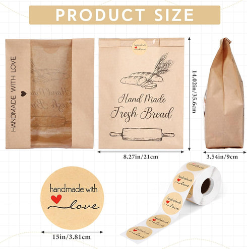 Sinload 50 Packaging 14 8.3 3.5'' Pcs Sourdough Paper Bread Bags for Homemade Large Loaf With Clear Window for Storage