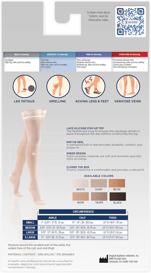 Truform Women's Thigh High Compression Stockings, 15-20 mmHg, 20 Denier, Large, Nude