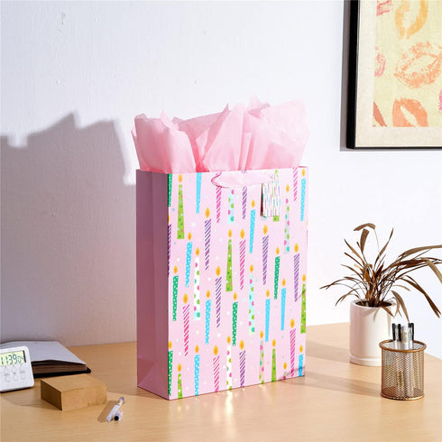 SUNCOLOR 16" Extra Large Gift Bag with Tissue Paper for Girls, Happy Birthday Candles