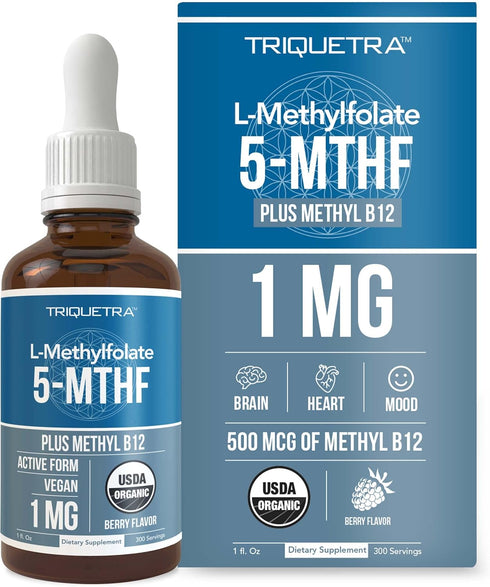 Organic Methyl Folate 1000 mcg + Methyl B12 Cofactor (300 Servings) – Liquid Sublingual Form, Organic Berry Flavor