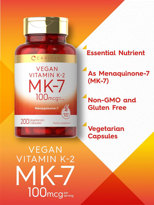 Carlyle Vitamin K2 MK7 100mcg - 200 Vegan Capsules, Menaquinone-7 Supplement, Non-GMO, Gluten Free