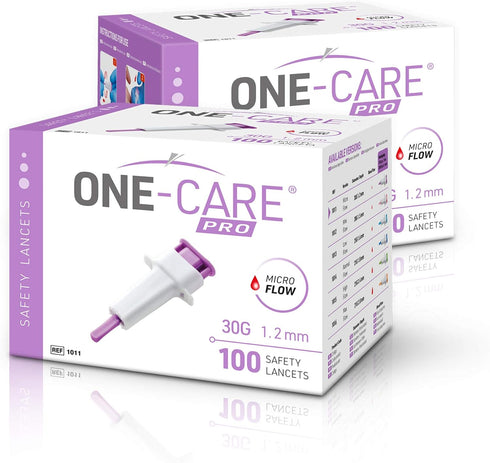ONE-CARE PRO Safety Lancets, 30G x 1.2mm, 100/bx, Gentle & Comfortable Sampling, Top Push Button Activated