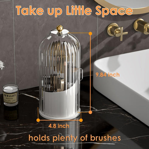 Makeup Brush Holder Organizer with Lid, 360 Rotating Clear Dustproof Organizer for Vanity Desktop Bathroom Countertop