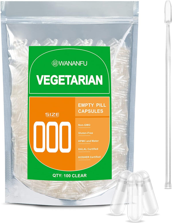 WANANFU Size 000 Empty Vegetarian Capsules (100 Count) Bundle with Micro Lab Spoon for Making Supplements